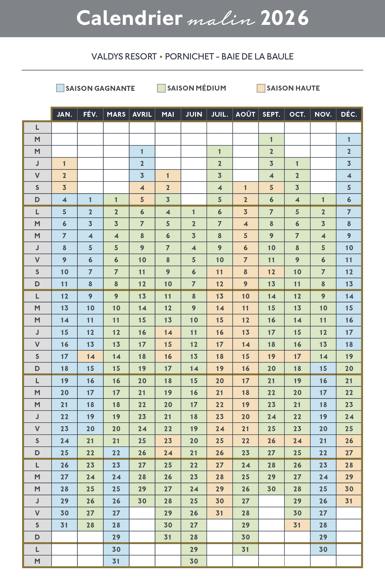 Calendrier des saisons Valdys Resort