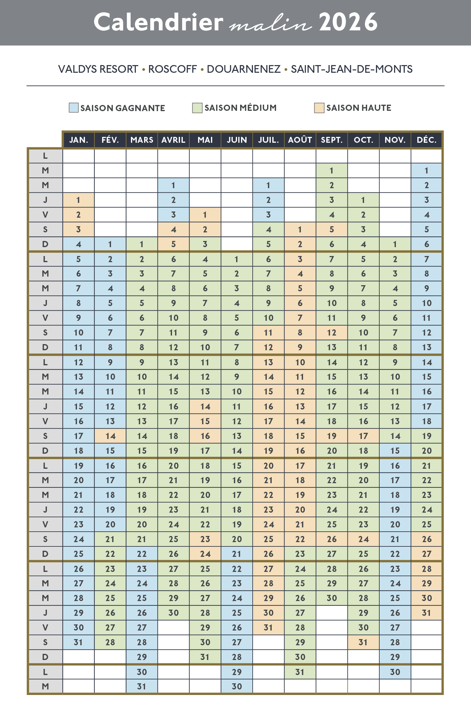Calendrier des saisons Valdys Resort